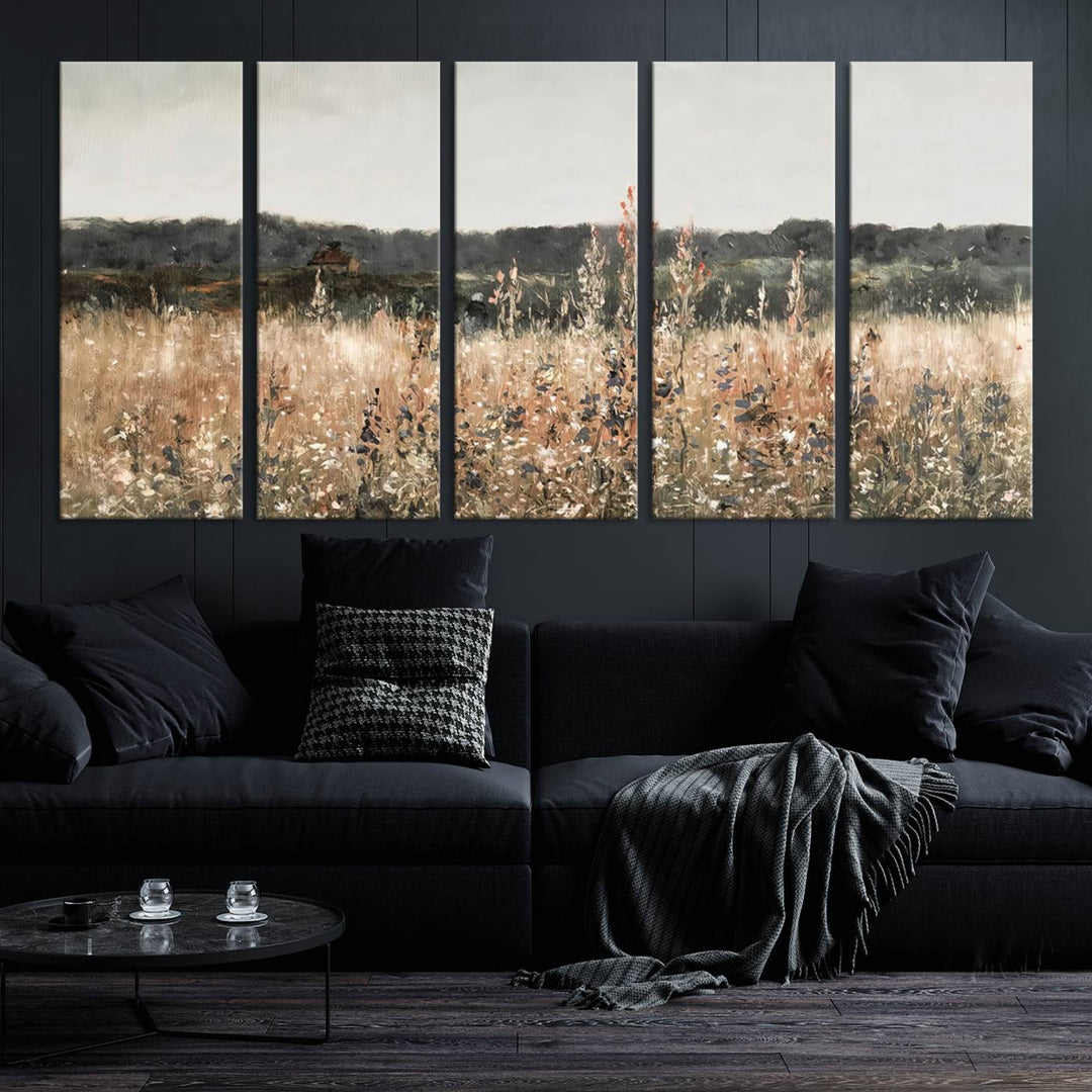 Rustic Meadow Canvas Wall Art - Serene 3 Panel Country Landscape with Wildflowers for Living Room, Bedroom, or Office, Ready to Hang Farmhouse Decor