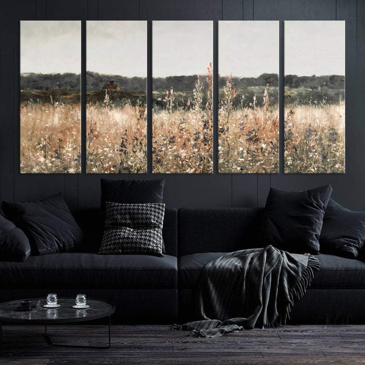 Rustic Meadow Canvas Wall Art - Serene 3 Panel Country Landscape with Wildflowers for Living Room, Bedroom, or Office, Ready to Hang Farmhouse Decor