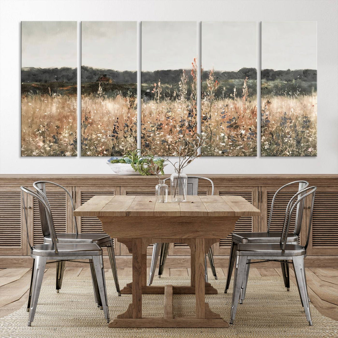 Rustic Meadow Canvas Wall Art - Serene 3 Panel Country Landscape with Wildflowers for Living Room, Bedroom, or Office, Ready to Hang Farmhouse Decor