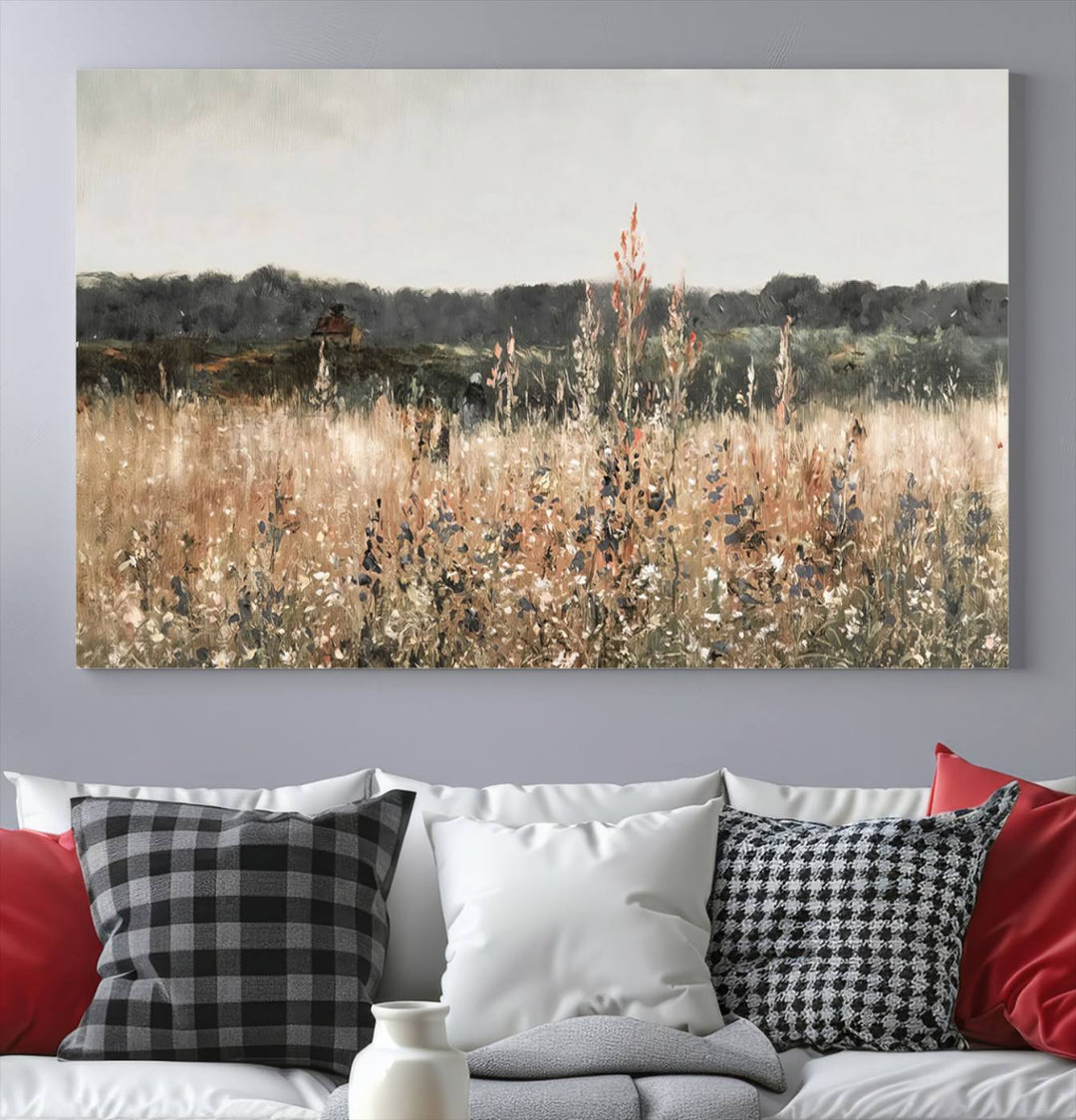 Rustic Meadow Canvas Wall Art - Serene 3 Panel Country Landscape with Wildflowers for Living Room, Bedroom, or Office, Ready to Hang Farmhouse Decor