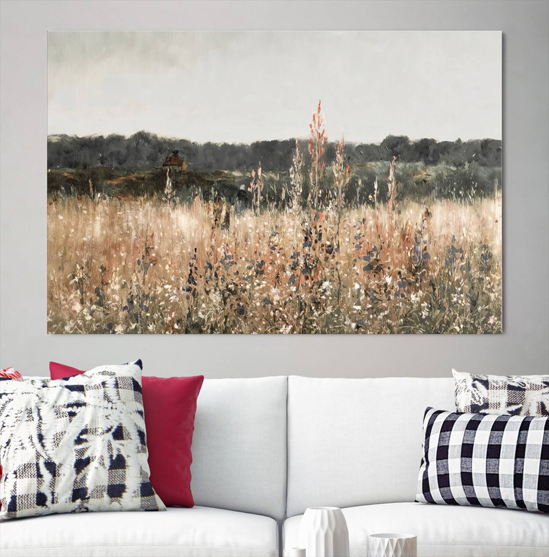 Rustic Meadow Canvas Wall Art - Serene 3 Panel Country Landscape with Wildflowers for Living Room, Bedroom, or Office, Ready to Hang Farmhouse Decor