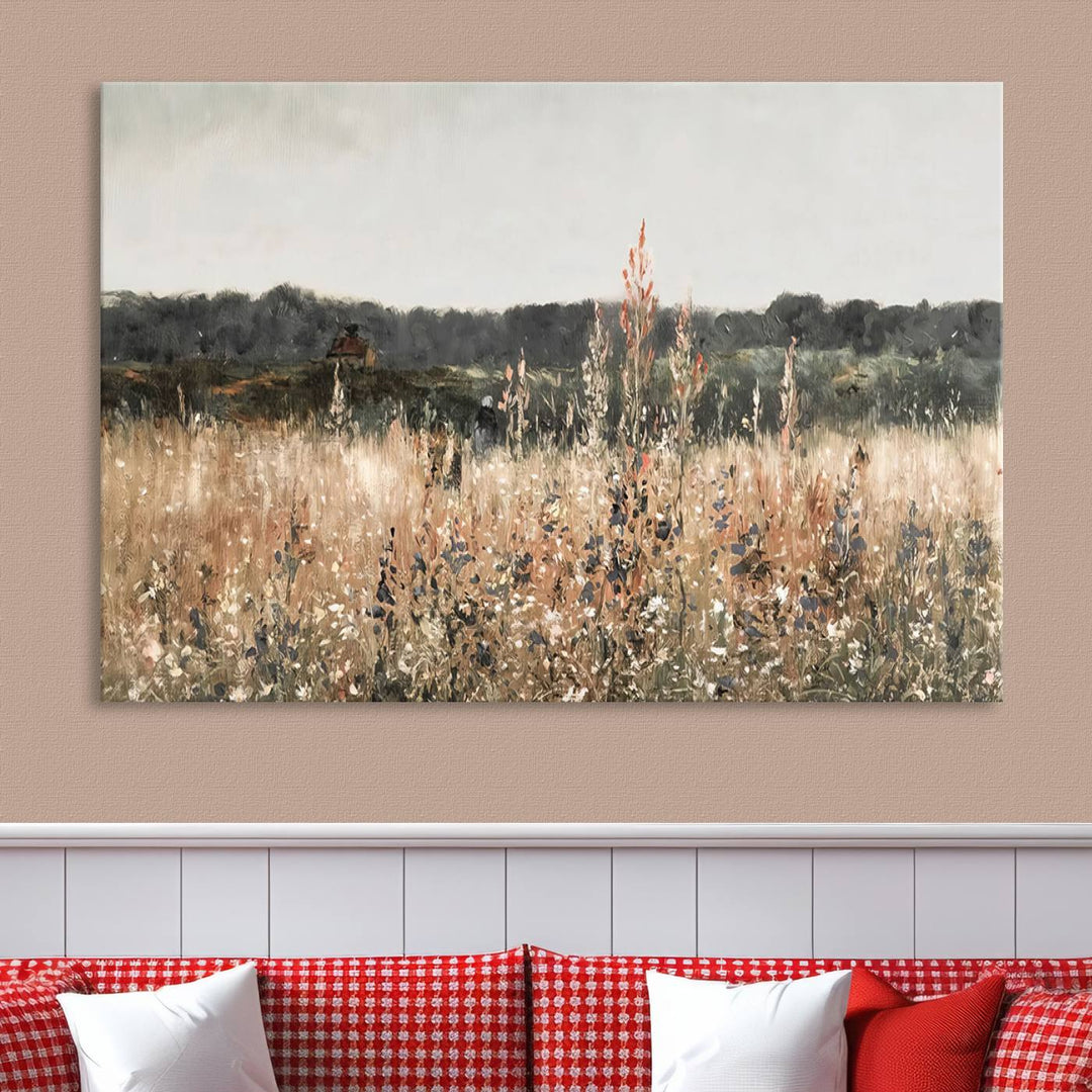 Rustic Meadow Canvas Wall Art - Serene 3 Panel Country Landscape with Wildflowers for Living Room, Bedroom, or Office, Ready to Hang Farmhouse Decor