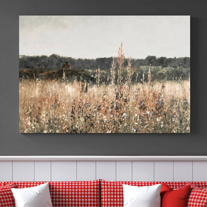 Rustic Meadow Canvas Wall Art - Serene 3 Panel Country Landscape with Wildflowers for Living Room, Bedroom, or Office, Ready to Hang Farmhouse Decor