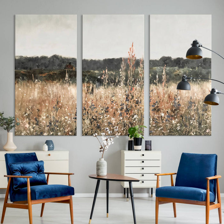 Rustic Meadow Canvas Wall Art - Serene 3 Panel Country Landscape with Wildflowers for Living Room, Bedroom, or Office, Ready to Hang Farmhouse Decor