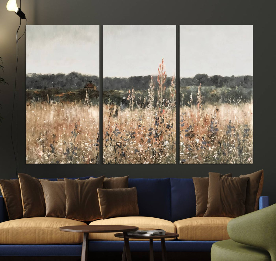 Rustic Meadow Canvas Wall Art - Serene 3 Panel Country Landscape with Wildflowers for Living Room, Bedroom, or Office, Ready to Hang Farmhouse Decor