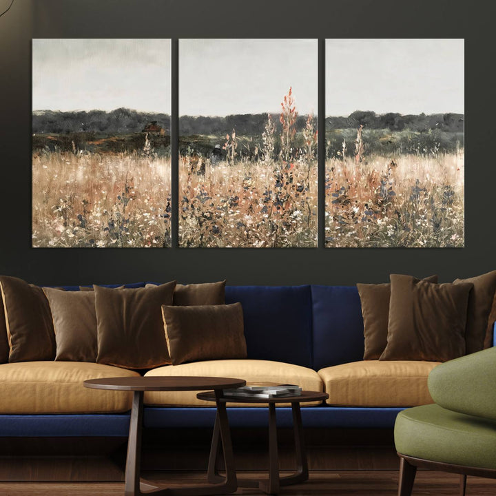 Rustic Meadow Canvas Wall Art - Serene 3 Panel Country Landscape with Wildflowers for Living Room, Bedroom, or Office, Ready to Hang Farmhouse Decor