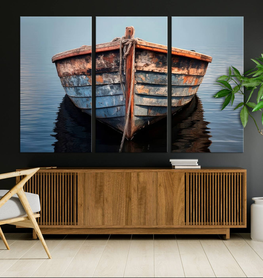 Rustic Nautical Boat Canvas Wall Art Print, Large Rustic Boat Wall Art Canvas Print for Living Room, Farmhouse, Nautical Wall Art Print, Ready to Hang