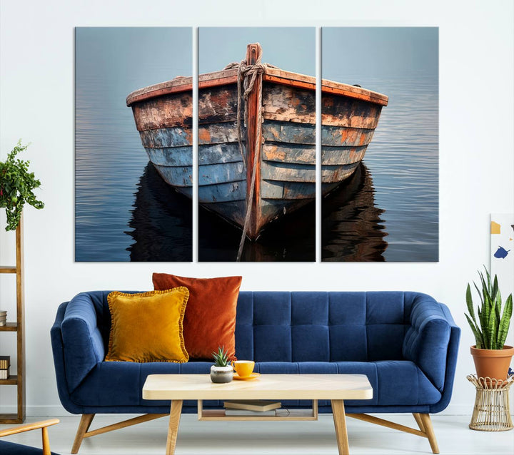 Rustic Nautical Boat Canvas Wall Art Print, Large Rustic Boat Wall Art Canvas Print for Living Room, Farmhouse, Nautical Wall Art Print, Ready to Hang