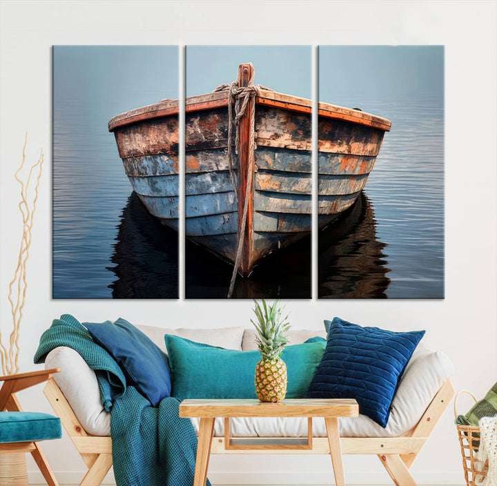 Rustic Nautical Boat Canvas Wall Art Print, Large Rustic Boat Wall Art Canvas Print for Living Room, Farmhouse, Nautical Wall Art Print, Ready to Hang