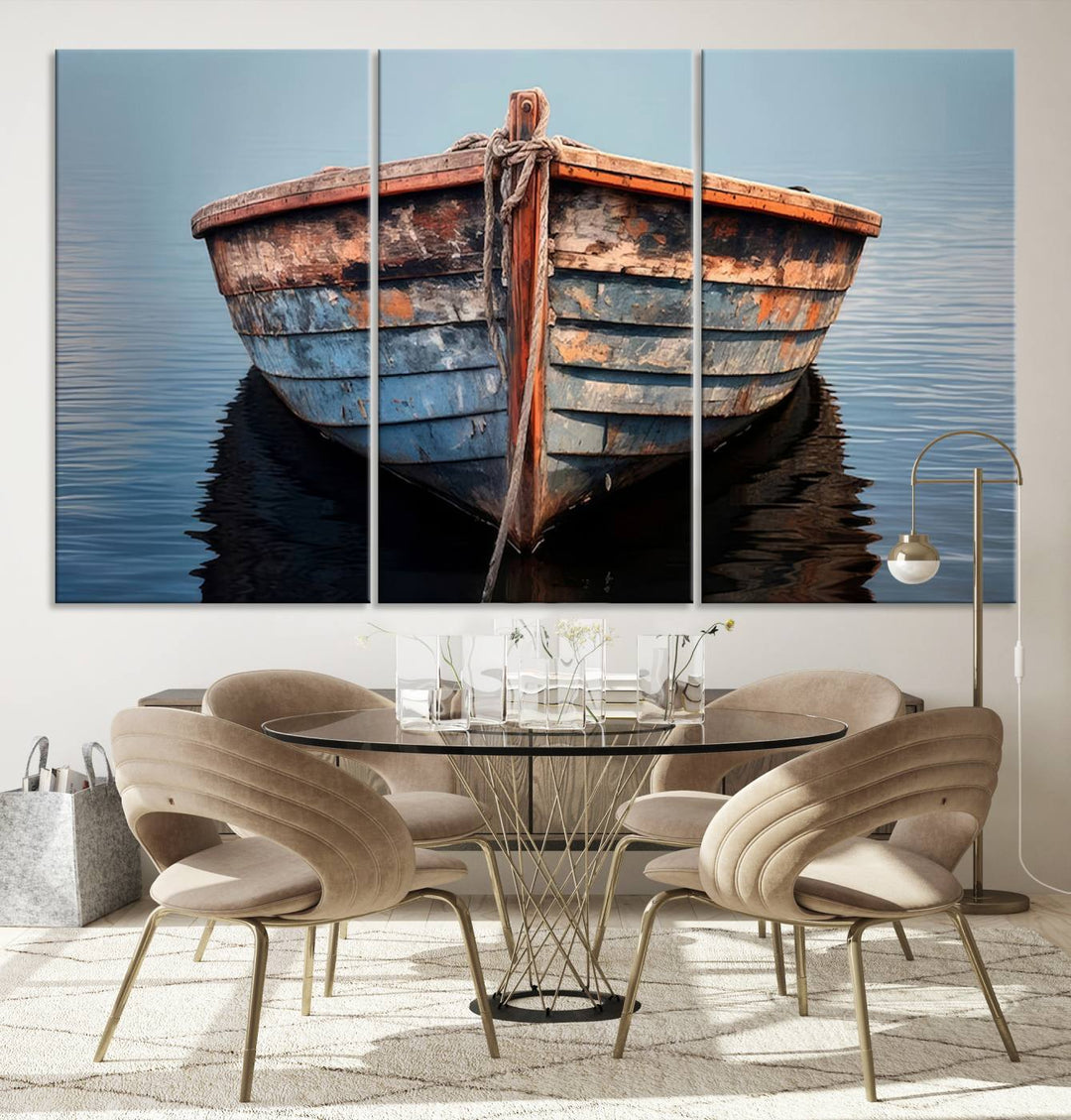 Rustic Nautical Boat Canvas Wall Art Print, Large Rustic Boat Wall Art Canvas Print for Living Room, Farmhouse, Nautical Wall Art Print, Ready to Hang