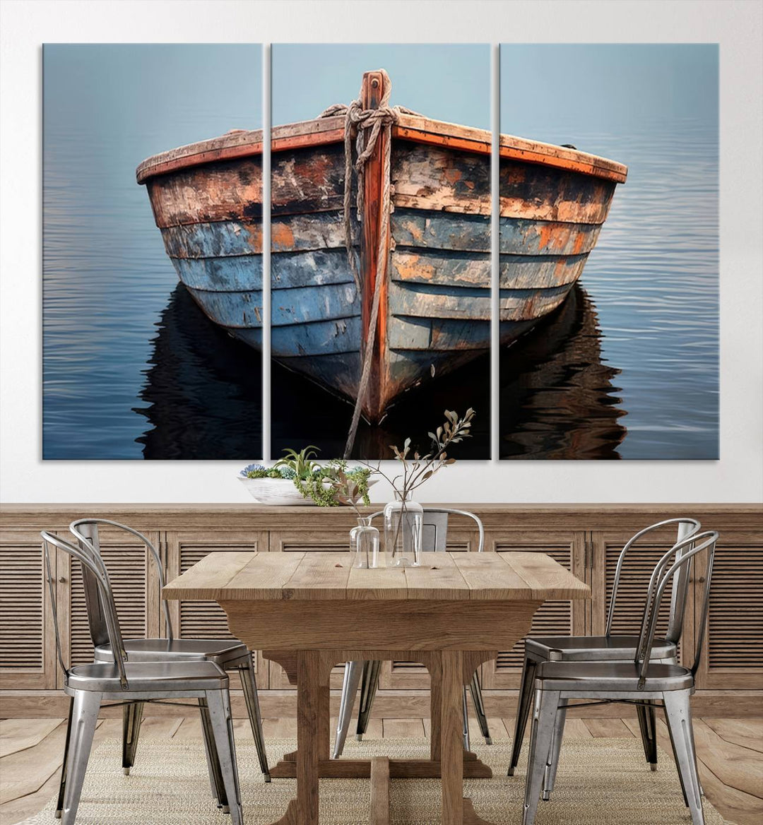 Rustic Nautical Boat Canvas Wall Art Print, Large Rustic Boat Wall Art Canvas Print for Living Room, Farmhouse, Nautical Wall Art Print, Ready to Hang