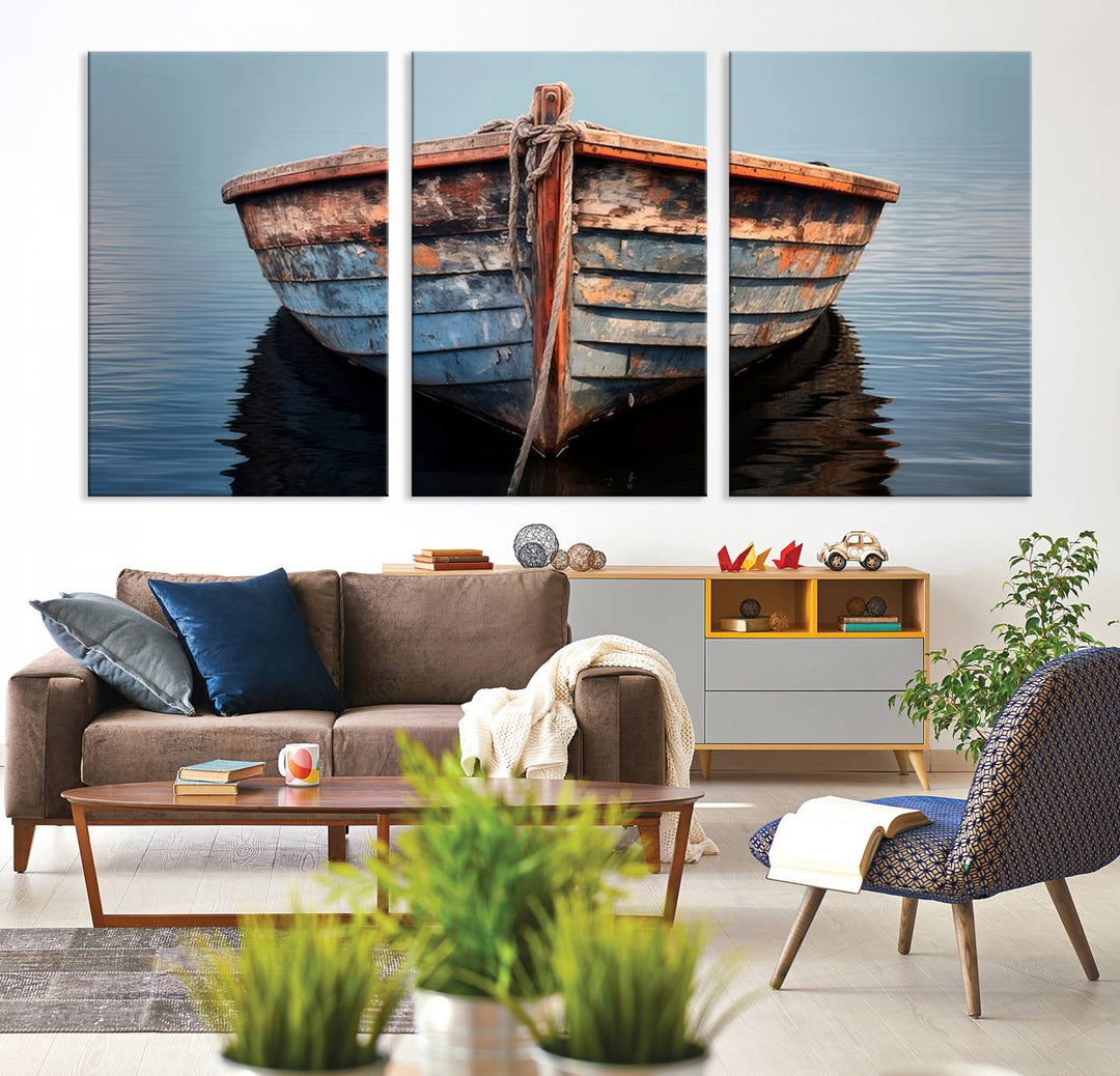 Rustic Nautical Boat Canvas Wall Art Print, Large Rustic Boat Wall Art Canvas Print for Living Room, Farmhouse, Nautical Wall Art Print, Ready to Hang