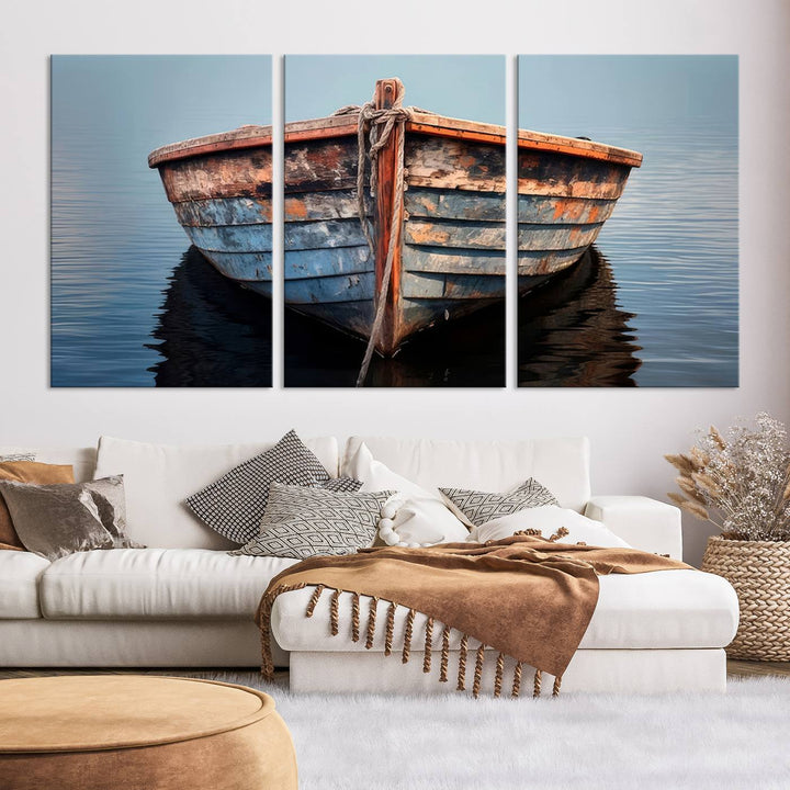 Rustic Nautical Boat Canvas Wall Art Print, Large Rustic Boat Wall Art Canvas Print for Living Room, Farmhouse, Nautical Wall Art Print, Ready to Hang