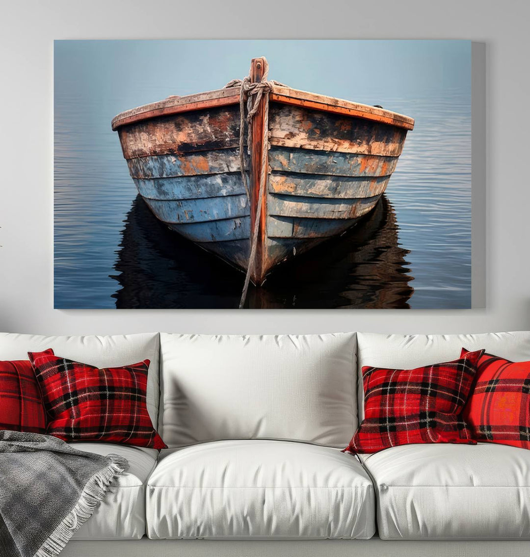 Rustic Nautical Boat Canvas Wall Art Print, Large Rustic Boat Wall Art Canvas Print for Living Room, Farmhouse, Nautical Wall Art Print, Ready to Hang