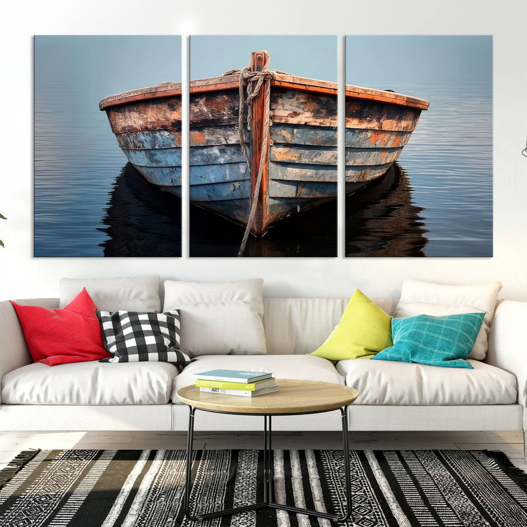 Rustic Nautical Boat Canvas Wall Art Print, Large Rustic Boat Wall Art Canvas Print for Living Room, Farmhouse, Nautical Wall Art Print, Ready to Hang