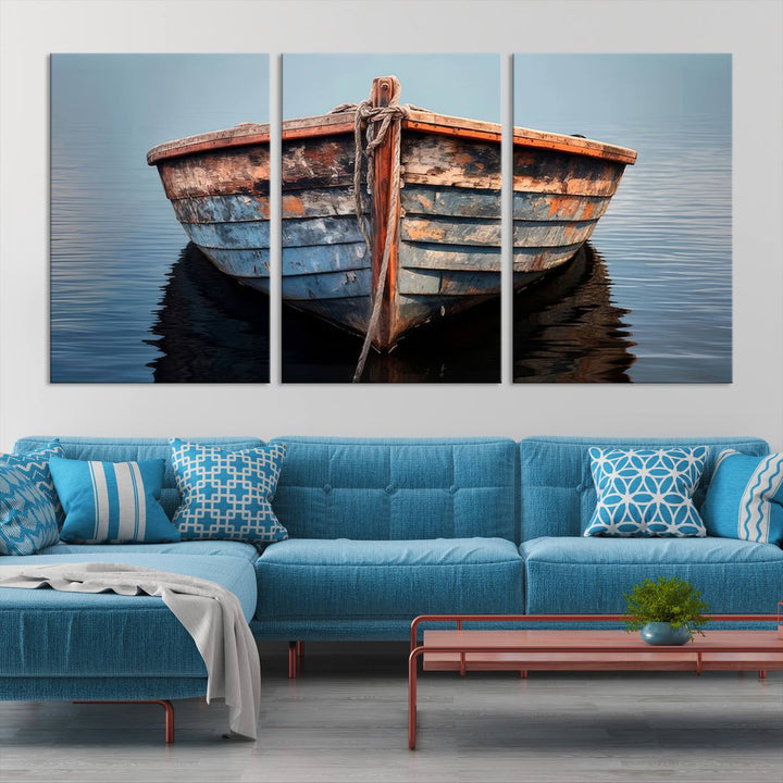 Rustic Nautical Boat Canvas Wall Art Print, Large Rustic Boat Wall Art Canvas Print for Living Room, Farmhouse, Nautical Wall Art Print, Ready to Hang