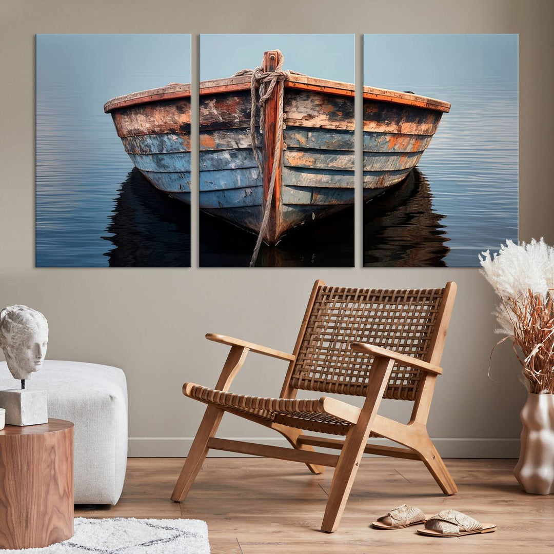 Rustic Nautical Boat Canvas Wall Art Print, Large Rustic Boat Wall Art Canvas Print for Living Room, Farmhouse, Nautical Wall Art Print, Ready to Hang