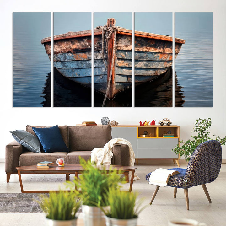 Rustic Nautical Boat Canvas Wall Art Print, Large Rustic Boat Wall Art Canvas Print for Living Room, Farmhouse, Nautical Wall Art Print, Ready to Hang