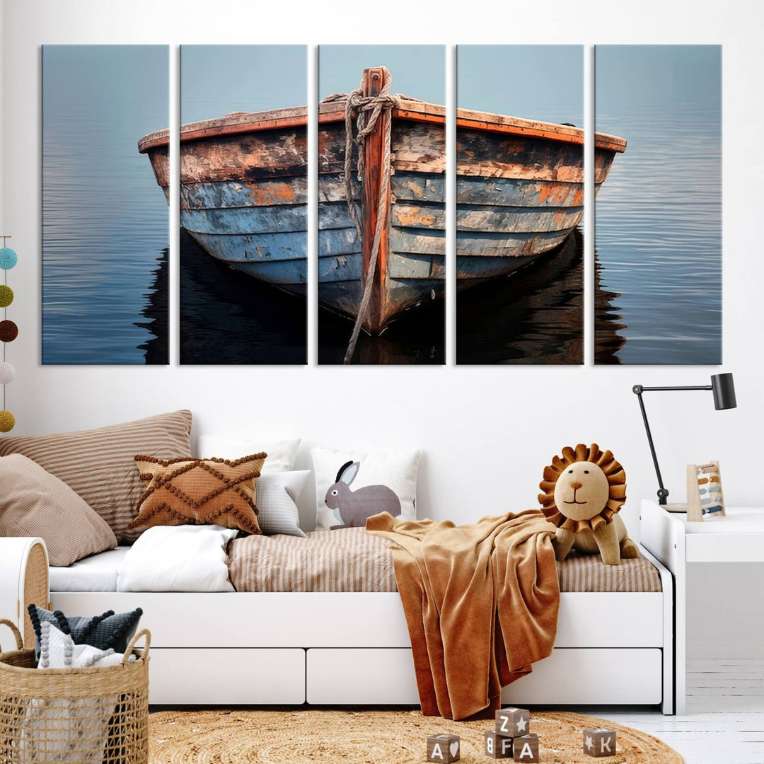 Rustic Nautical Boat Canvas Wall Art Print, Large Rustic Boat Wall Art Canvas Print for Living Room, Farmhouse, Nautical Wall Art Print, Ready to Hang