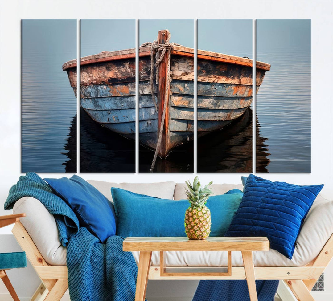 Rustic Nautical Boat Canvas Wall Art Print, Large Rustic Boat Wall Art Canvas Print for Living Room, Farmhouse, Nautical Wall Art Print, Ready to Hang