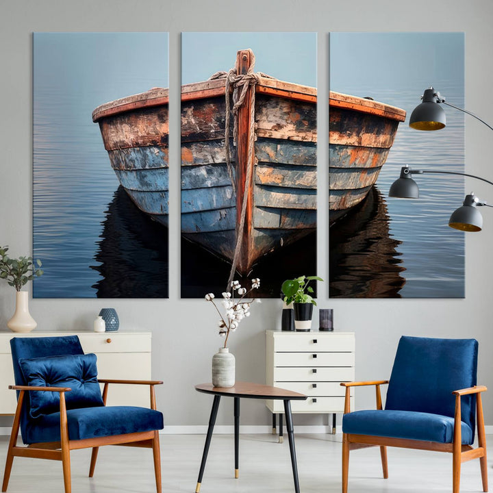 Rustic Nautical Boat Canvas Wall Art Print, Large Rustic Boat Wall Art Canvas Print for Living Room, Farmhouse, Nautical Wall Art Print, Ready to Hang