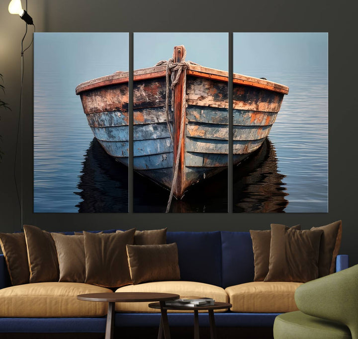 Rustic Nautical Boat Canvas Wall Art Print, Large Rustic Boat Wall Art Canvas Print for Living Room, Farmhouse, Nautical Wall Art Print, Ready to Hang