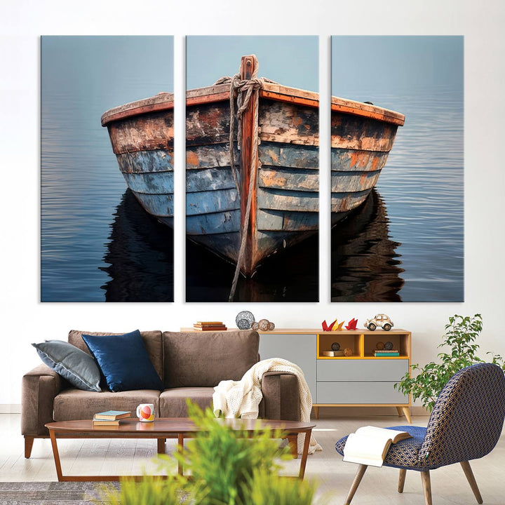 Rustic Nautical Boat Canvas Wall Art Print, Large Rustic Boat Wall Art Canvas Print for Living Room, Farmhouse, Nautical Wall Art Print, Ready to Hang