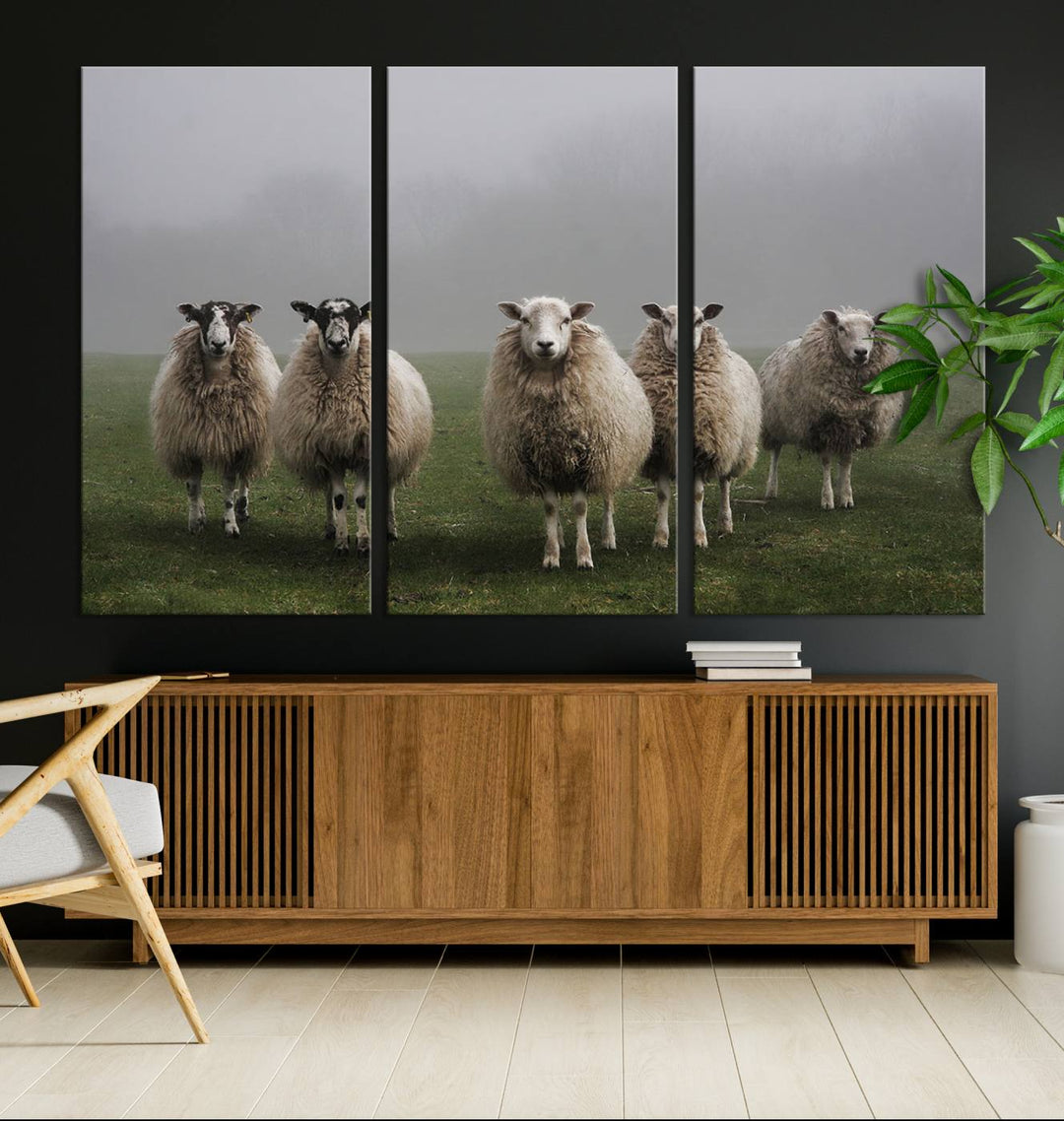 Rustic Sheep Canvas Wall Art Print - Farm Animal Trio in Pastoral Setting, Country Style Wall Art Decor for Living Room, or Farmhouse, Ready to Hang