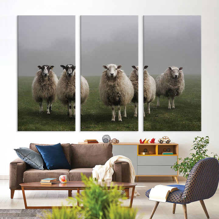 Rustic Sheep Canvas Wall Art Print - Farm Animal Trio in Pastoral Setting, Country Style Wall Art Decor for Living Room, or Farmhouse, Ready to Hang