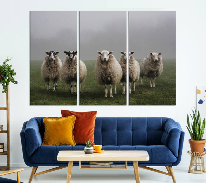 Rustic Sheep Canvas Wall Art Print - Farm Animal Trio in Pastoral Setting, Country Style Wall Art Decor for Living Room, or Farmhouse, Ready to Hang