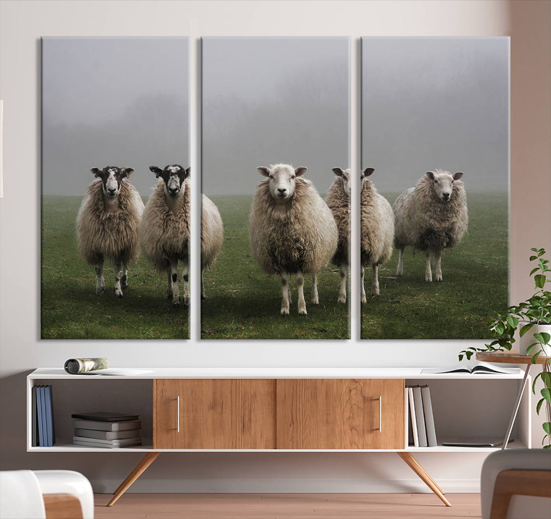 Rustic Sheep Canvas Wall Art Print - Farm Animal Trio in Pastoral Setting, Country Style Wall Art Decor for Living Room, or Farmhouse, Ready to Hang