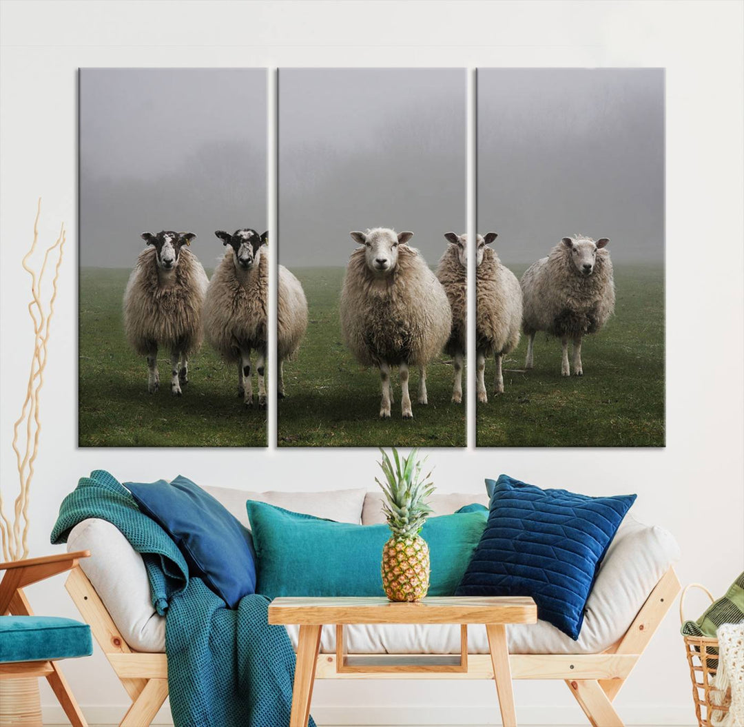 Rustic Sheep Canvas Wall Art Print - Farm Animal Trio in Pastoral Setting, Country Style Wall Art Decor for Living Room, or Farmhouse, Ready to Hang