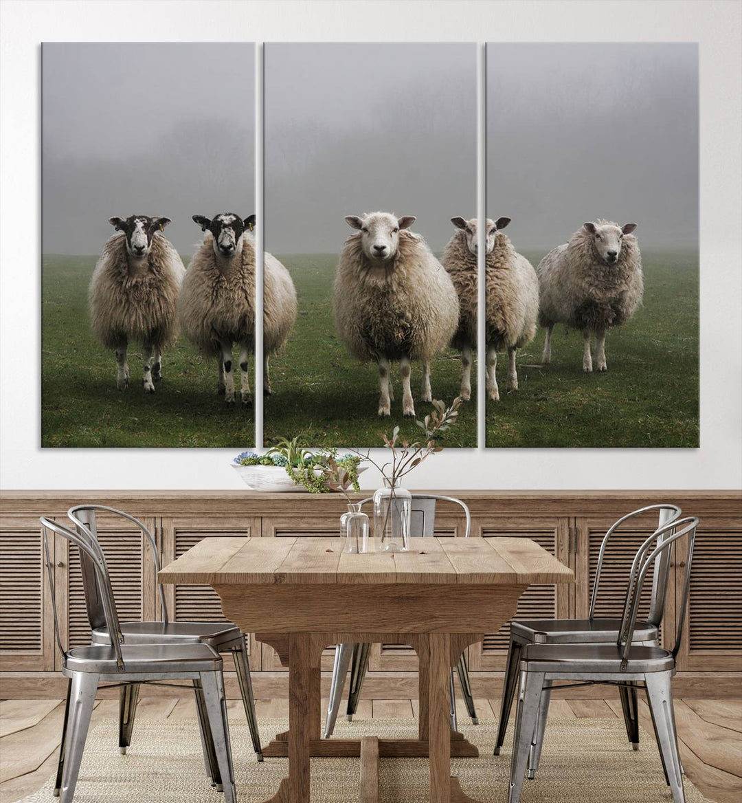 Rustic Sheep Canvas Wall Art Print - Farm Animal Trio in Pastoral Setting, Country Style Wall Art Decor for Living Room, or Farmhouse, Ready to Hang