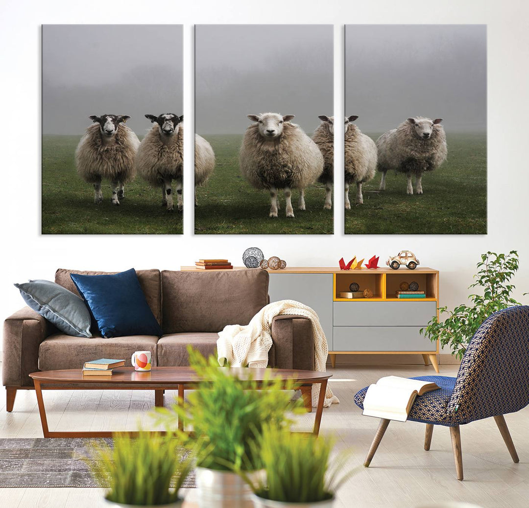 Rustic Sheep Canvas Wall Art Print - Farm Animal Trio in Pastoral Setting, Country Style Wall Art Decor for Living Room, or Farmhouse, Ready to Hang