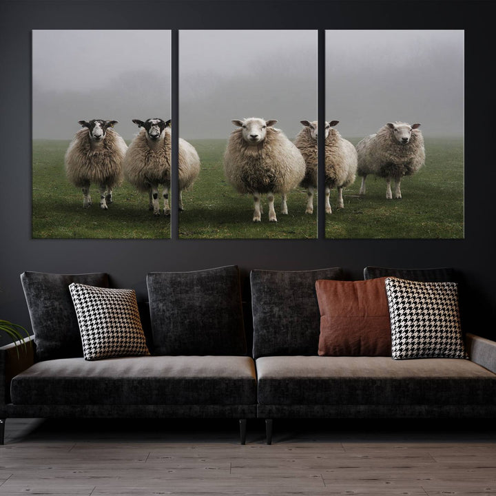 Rustic Sheep Canvas Wall Art Print - Farm Animal Trio in Pastoral Setting, Country Style Wall Art Decor for Living Room, or Farmhouse, Ready to Hang