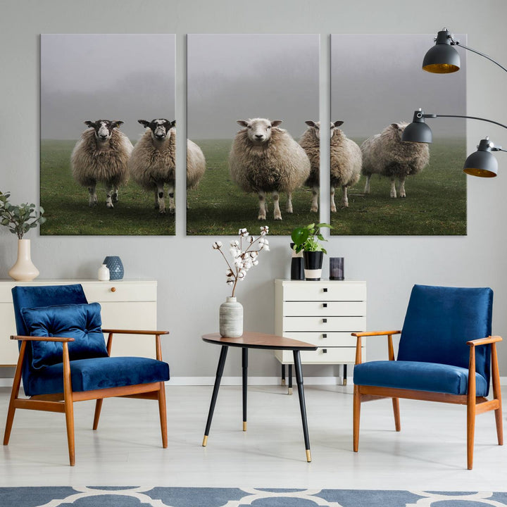 Rustic Sheep Canvas Wall Art Print - Farm Animal Trio in Pastoral Setting, Country Style Wall Art Decor for Living Room, or Farmhouse, Ready to Hang