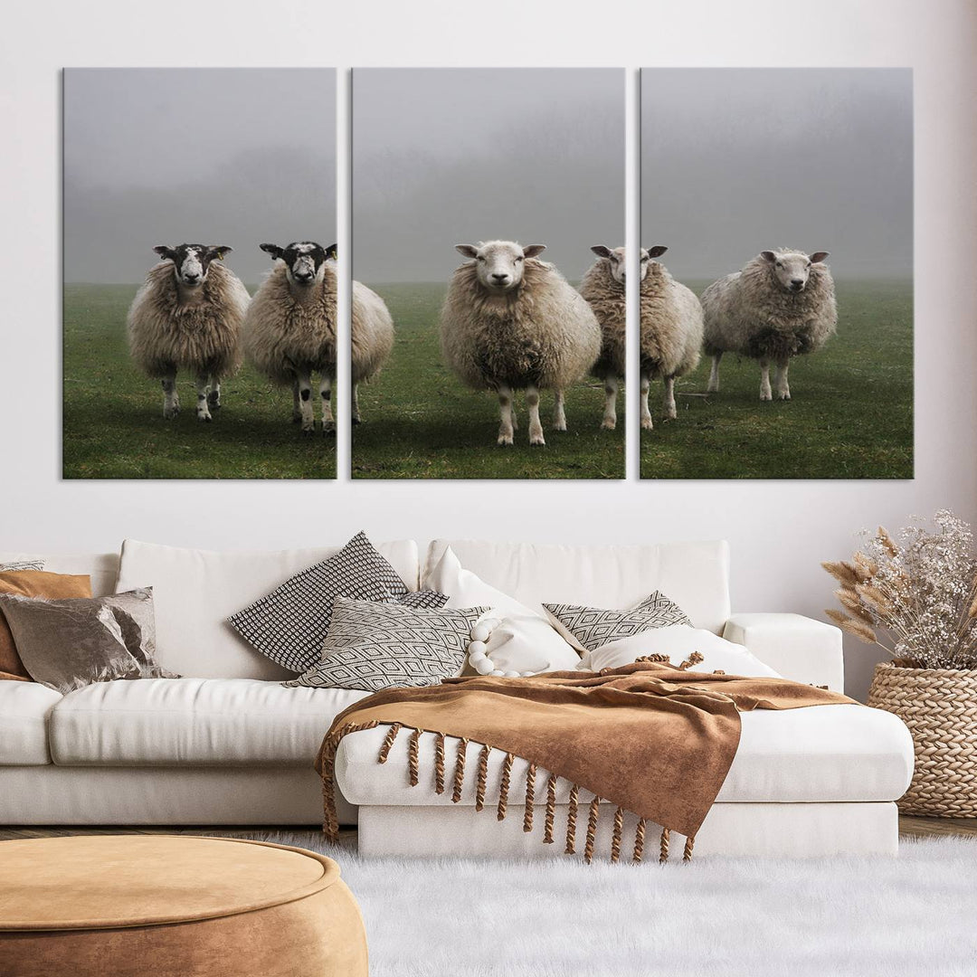 Rustic Sheep Canvas Wall Art Print - Farm Animal Trio in Pastoral Setting, Country Style Wall Art Decor for Living Room, or Farmhouse, Ready to Hang