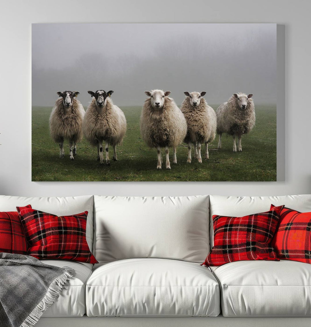 Rustic Sheep Canvas Wall Art Print - Farm Animal Trio in Pastoral Setting, Country Style Wall Art Decor for Living Room, or Farmhouse, Ready to Hang