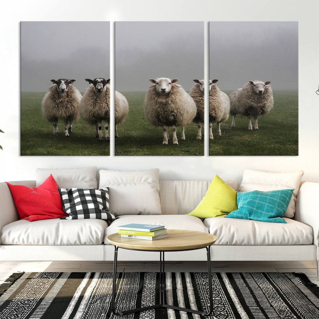 Rustic Sheep Canvas Wall Art Print - Farm Animal Trio in Pastoral Setting, Country Style Wall Art Decor for Living Room, or Farmhouse, Ready to Hang