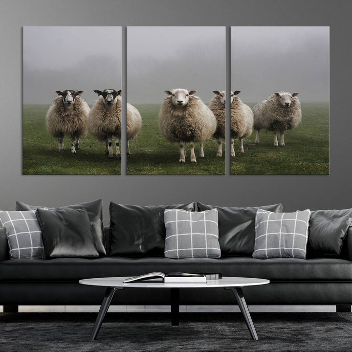 Rustic Sheep Canvas Wall Art Print - Farm Animal Trio in Pastoral Setting, Country Style Wall Art Decor for Living Room, or Farmhouse, Ready to Hang