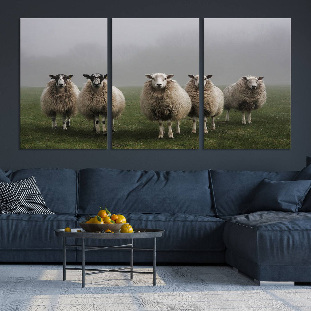 Rustic Sheep Canvas Wall Art Print - Farm Animal Trio in Pastoral Setting, Country Style Wall Art Decor for Living Room, or Farmhouse, Ready to Hang