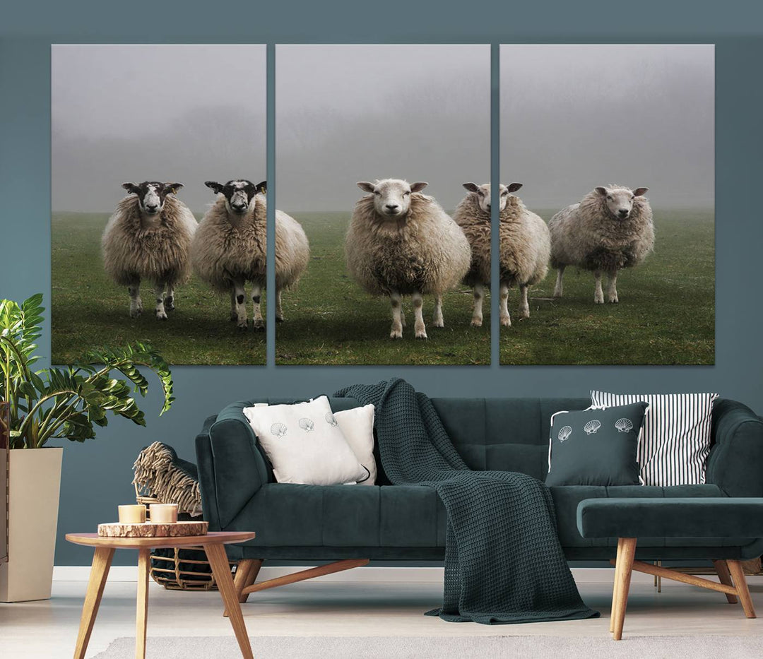 Rustic Sheep Canvas Wall Art Print - Farm Animal Trio in Pastoral Setting, Country Style Wall Art Decor for Living Room, or Farmhouse, Ready to Hang