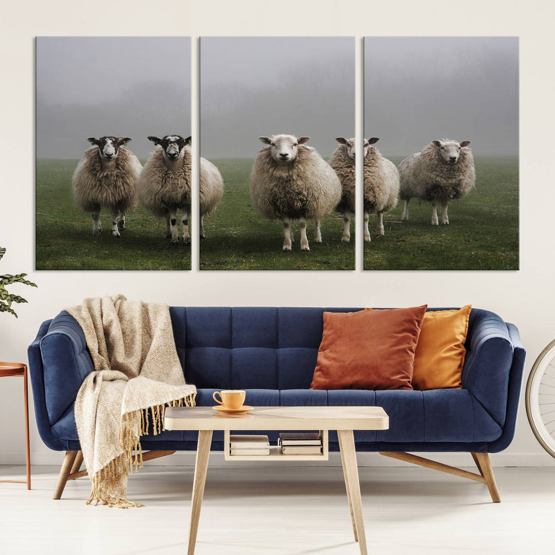 Rustic Sheep Canvas Wall Art Print - Farm Animal Trio in Pastoral Setting, Country Style Wall Art Decor for Living Room, or Farmhouse, Ready to Hang