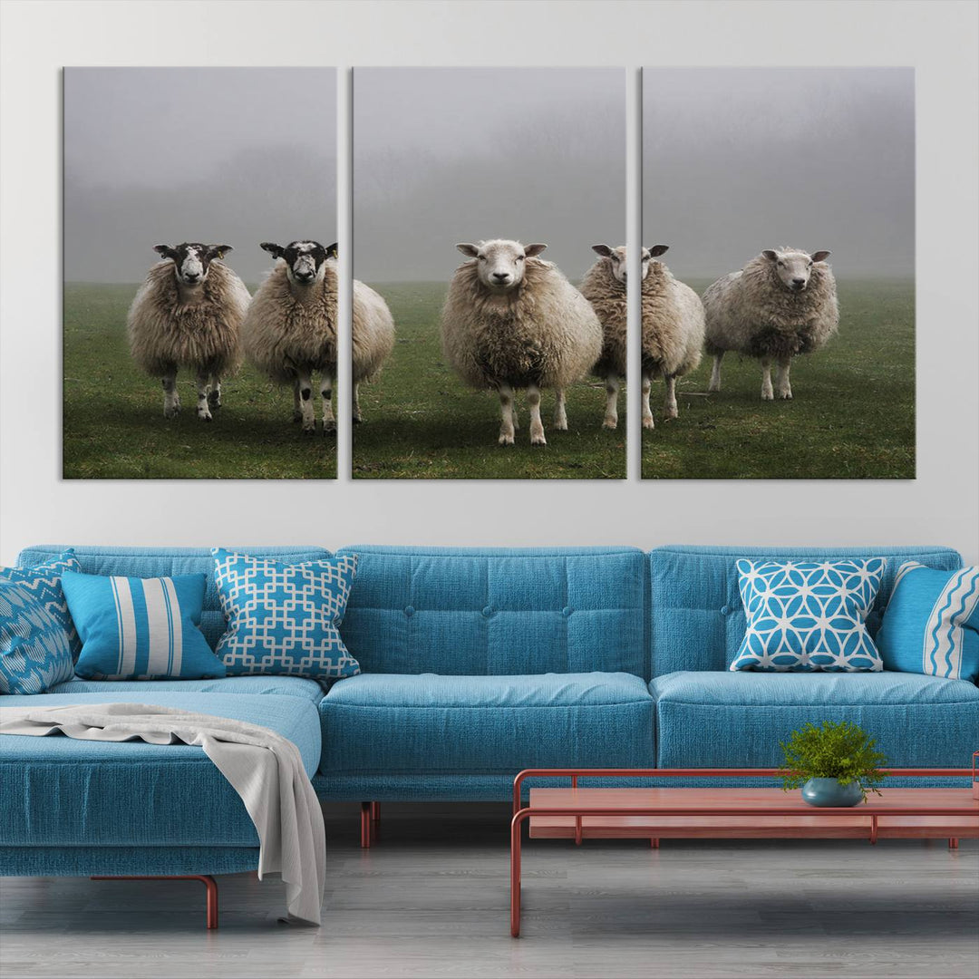 Rustic Sheep Canvas Wall Art Print - Farm Animal Trio in Pastoral Setting, Country Style Wall Art Decor for Living Room, or Farmhouse, Ready to Hang