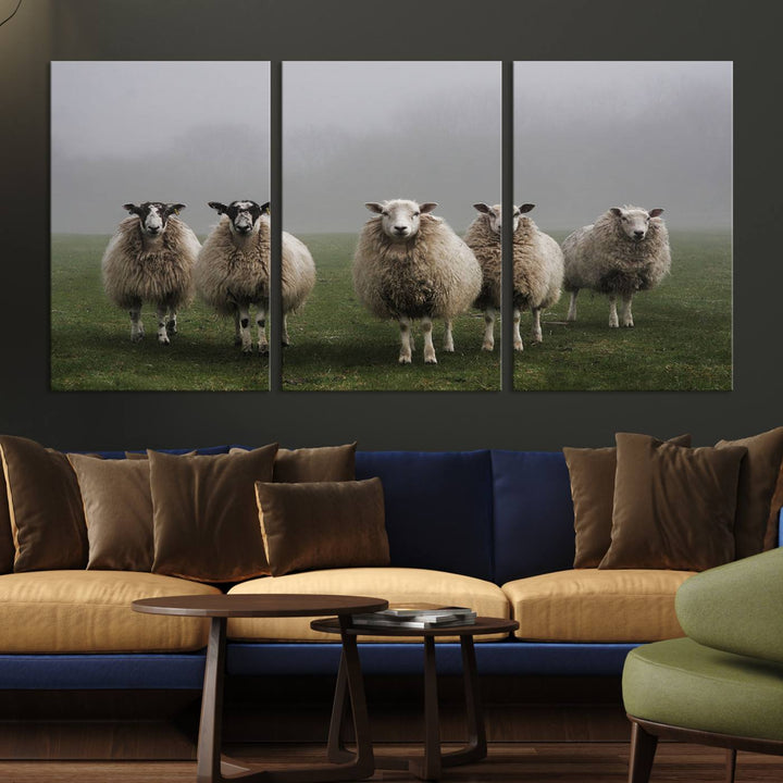 Rustic Sheep Canvas Wall Art Print - Farm Animal Trio in Pastoral Setting, Country Style Wall Art Decor for Living Room, or Farmhouse, Ready to Hang