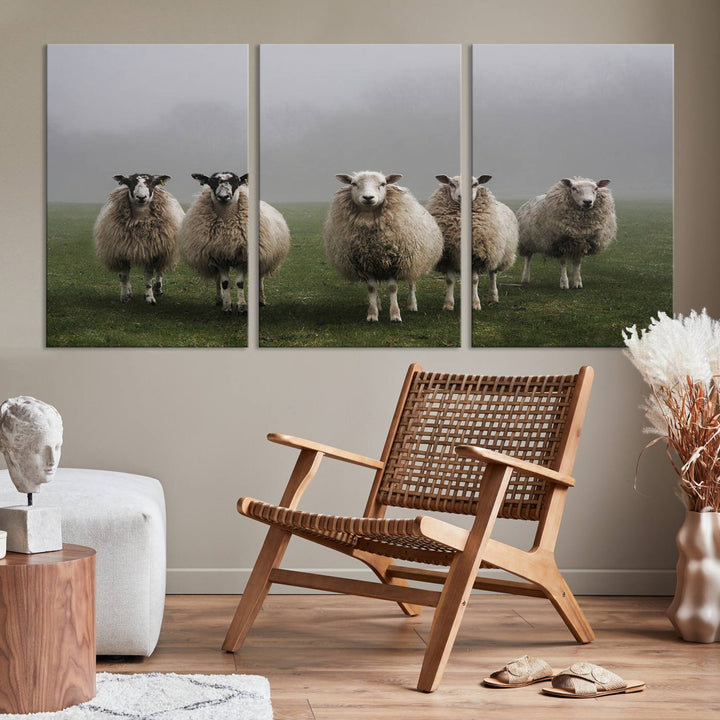 Rustic Sheep Canvas Wall Art Print - Farm Animal Trio in Pastoral Setting, Country Style Wall Art Decor for Living Room, or Farmhouse, Ready to Hang