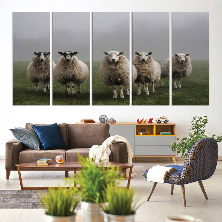 Rustic Sheep Canvas Wall Art Print - Farm Animal Trio in Pastoral Setting, Country Style Wall Art Decor for Living Room, or Farmhouse, Ready to Hang