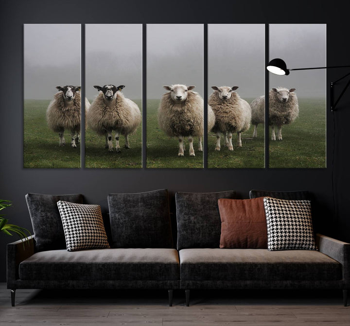 Rustic Sheep Canvas Wall Art Print - Farm Animal Trio in Pastoral Setting, Country Style Wall Art Decor for Living Room, or Farmhouse, Ready to Hang