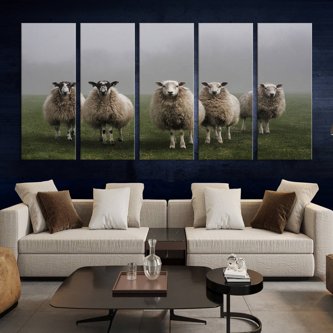 Rustic Sheep Canvas Wall Art Print - Farm Animal Trio in Pastoral Setting, Country Style Wall Art Decor for Living Room, or Farmhouse, Ready to Hang