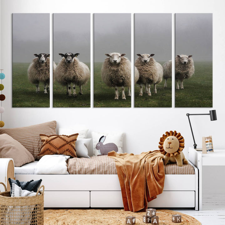 Rustic Sheep Canvas Wall Art Print - Farm Animal Trio in Pastoral Setting, Country Style Wall Art Decor for Living Room, or Farmhouse, Ready to Hang